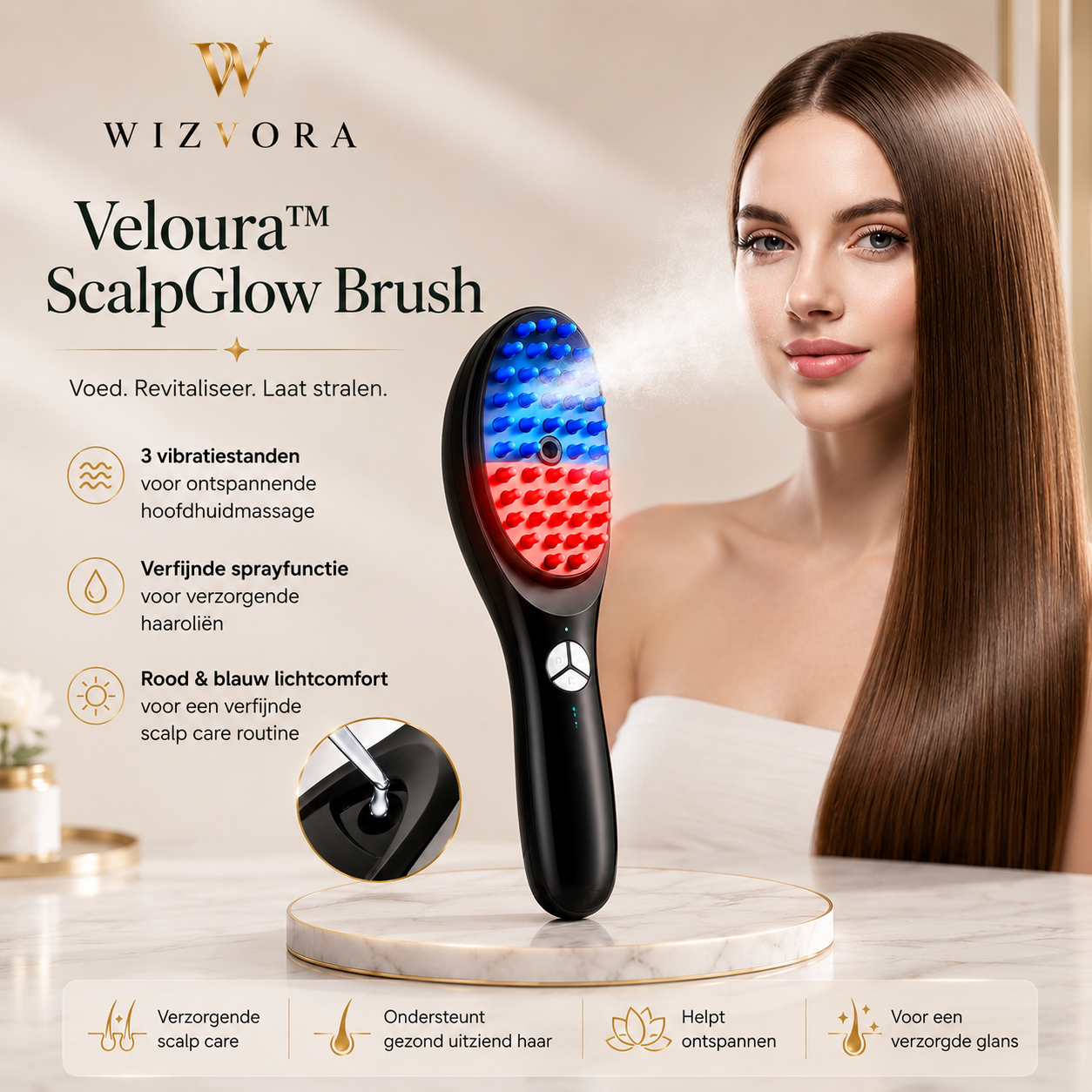 Veloura™ ScalpGlow Brush - Elegant beauty-tech ontworpen voor een ontspannende scalp care routine.